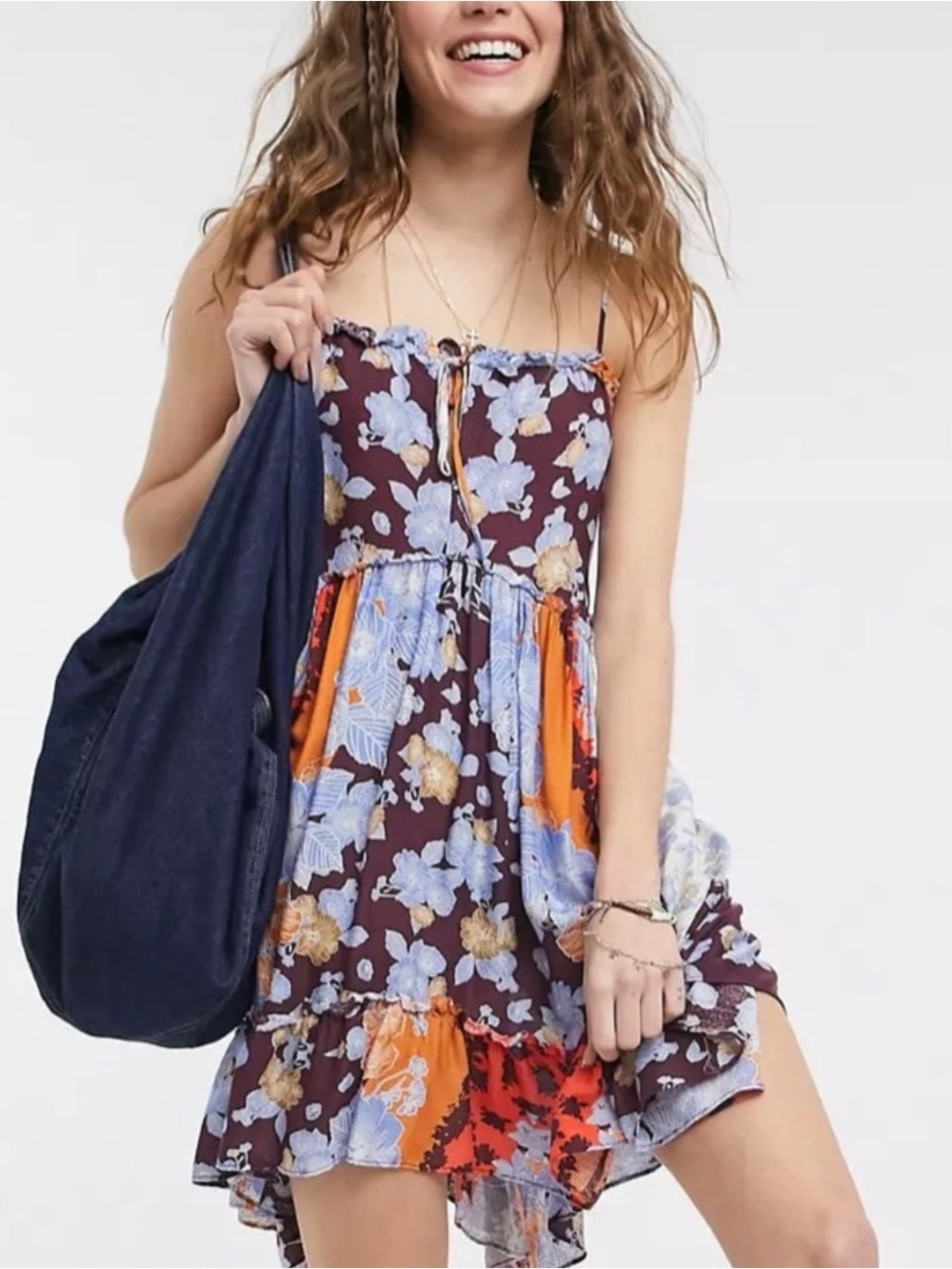 Free People Summer Storm Slip Dress in Brown and Blue Floral